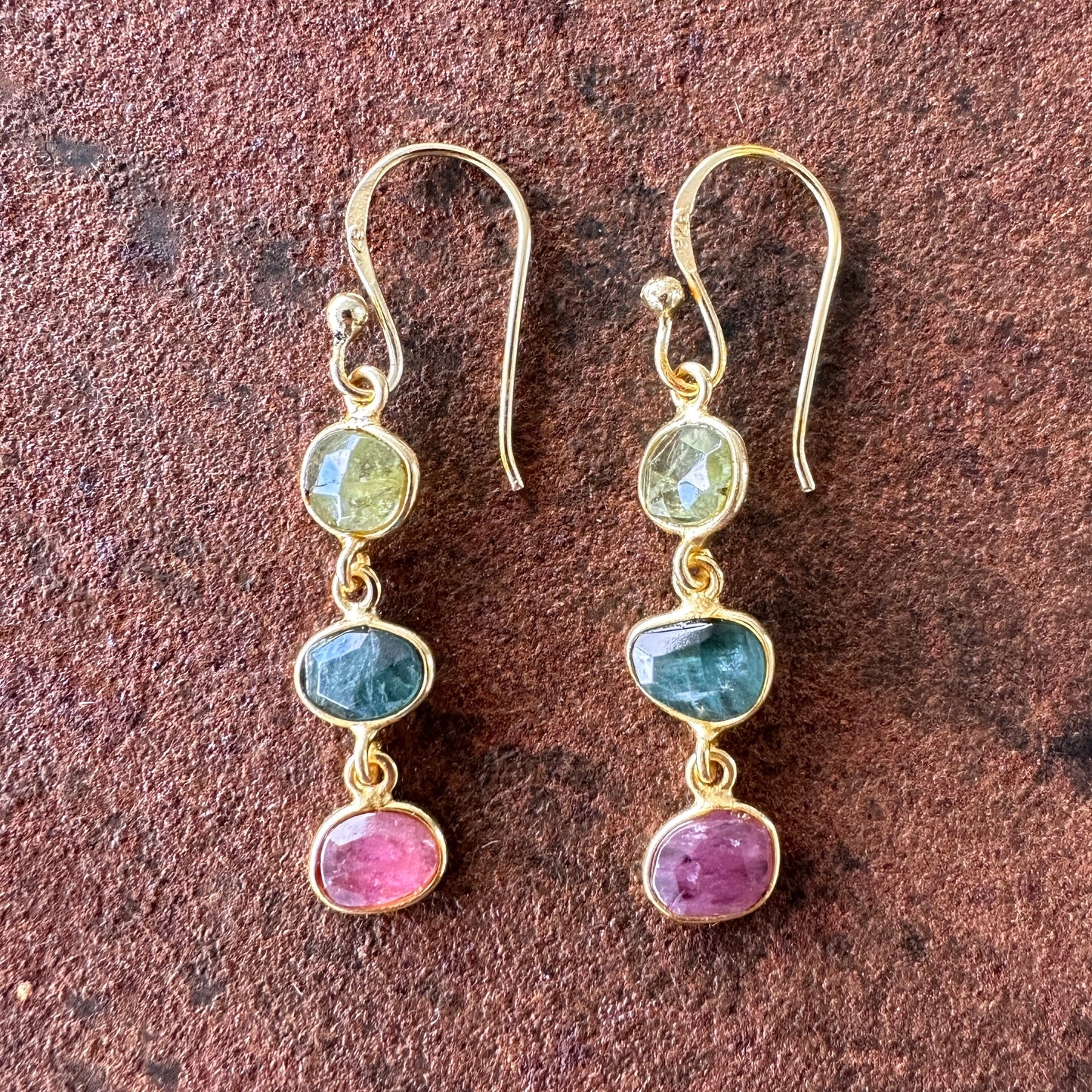 Persian Paradise tourmaline drop earrings colourway 1 side view, Silk Road Collection, Primitive Earth Australian jewellery