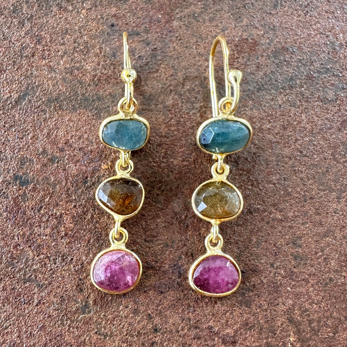 Persian Paradise tourmaline drop earrings colourway 2 front view, Silk Road Collection, Primitive Earth Australian jewellery
