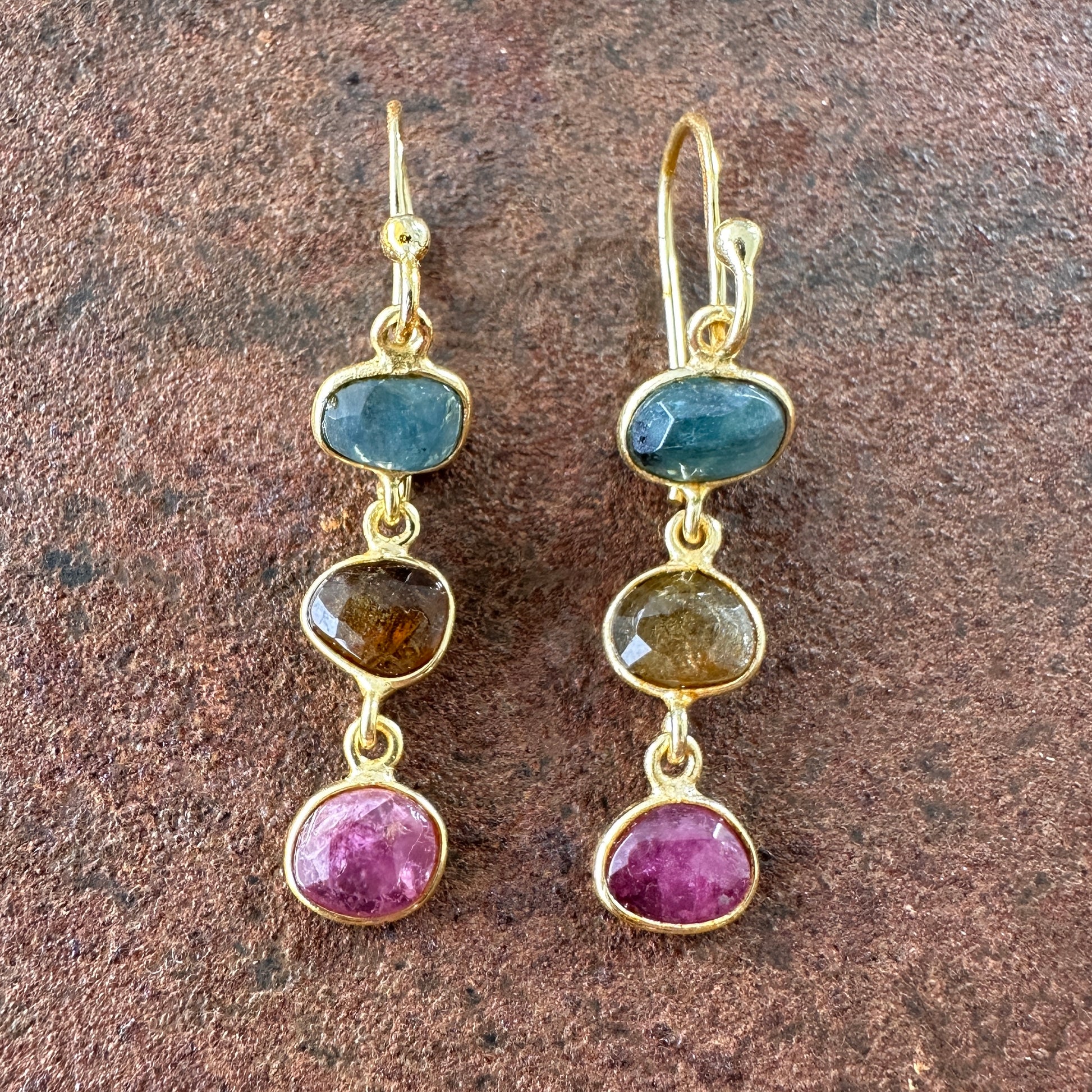 Persian Paradise tourmaline drop earrings colourway 2 front view, Silk Road Collection, Primitive Earth Australian jewellery