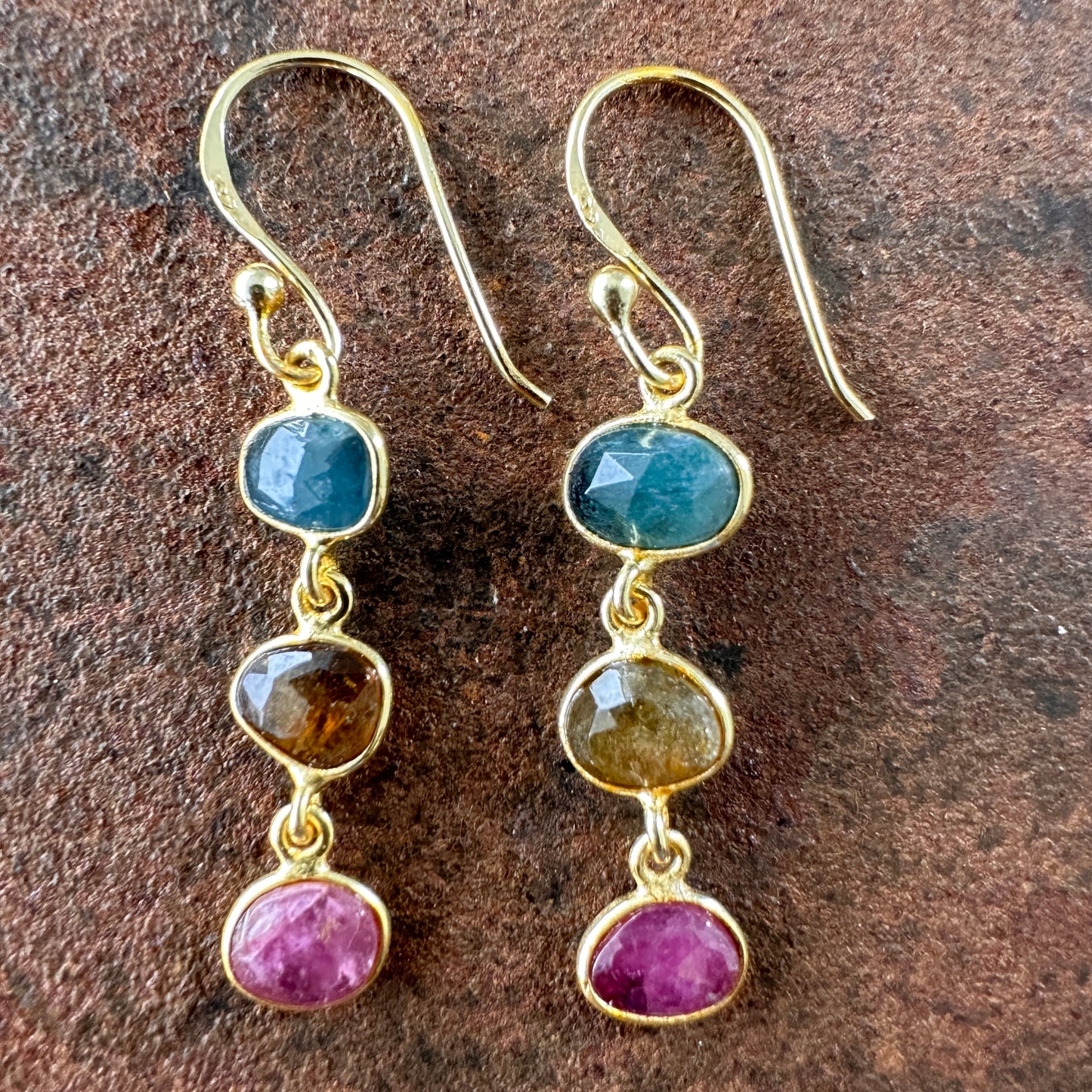 Persian Paradise tourmaline drop earrings colourway 2 side view, Silk Road Collection, Primitive Earth Australian jewellery