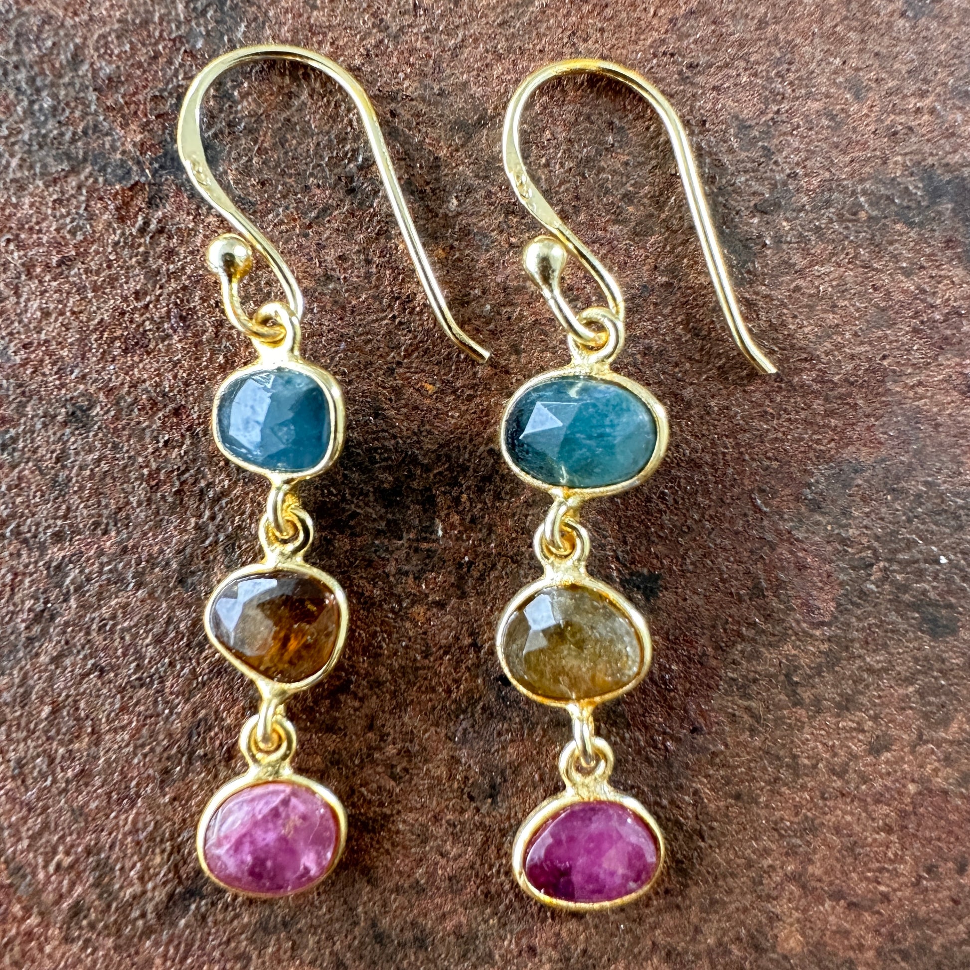 Persian Paradise tourmaline drop earrings colourway 2 side view, Silk Road Collection, Primitive Earth Australian jewellery