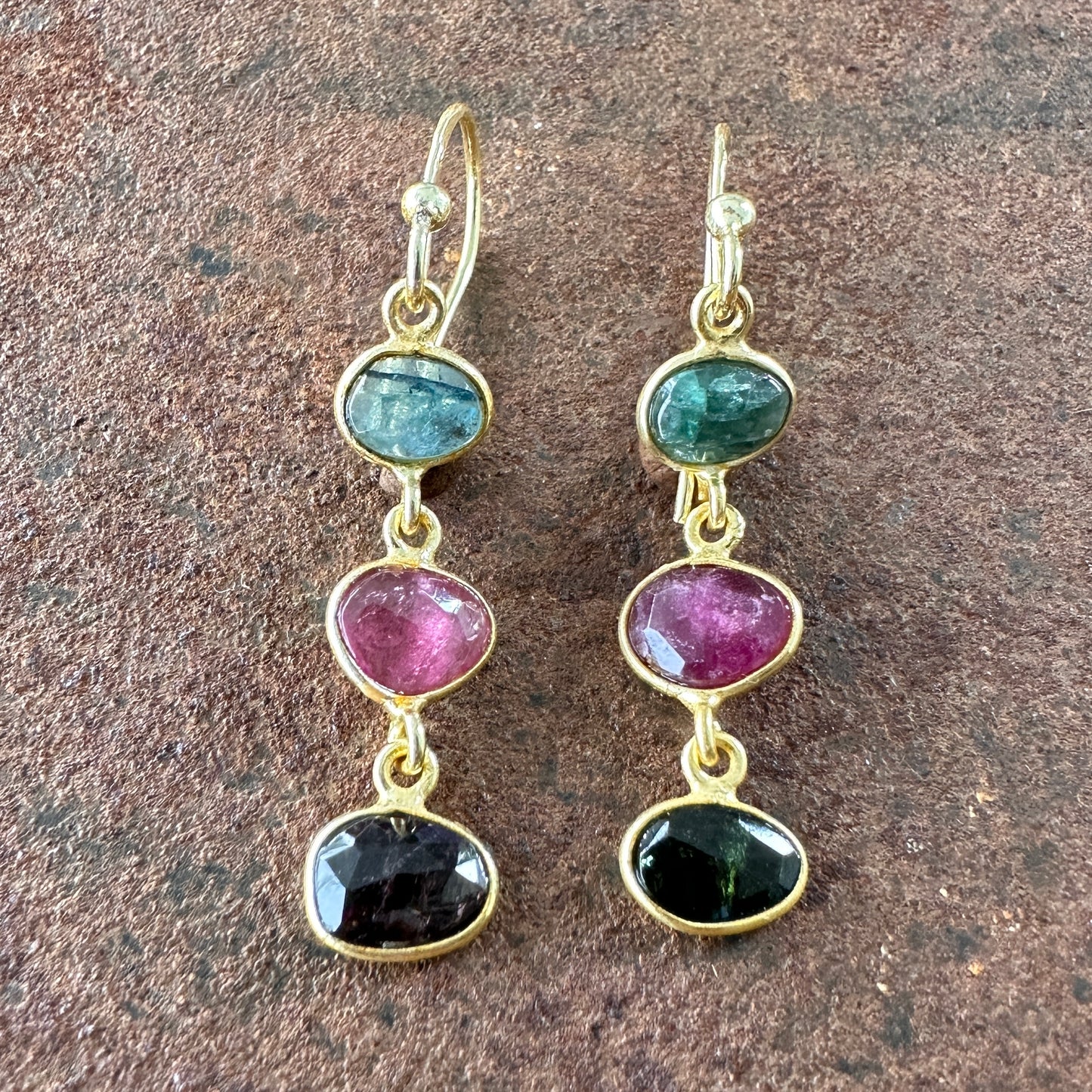 Persian Paradise tourmaline drop earrings colourway 3 front view, Silk Road Collection, Primitive Earth Australian jewellery