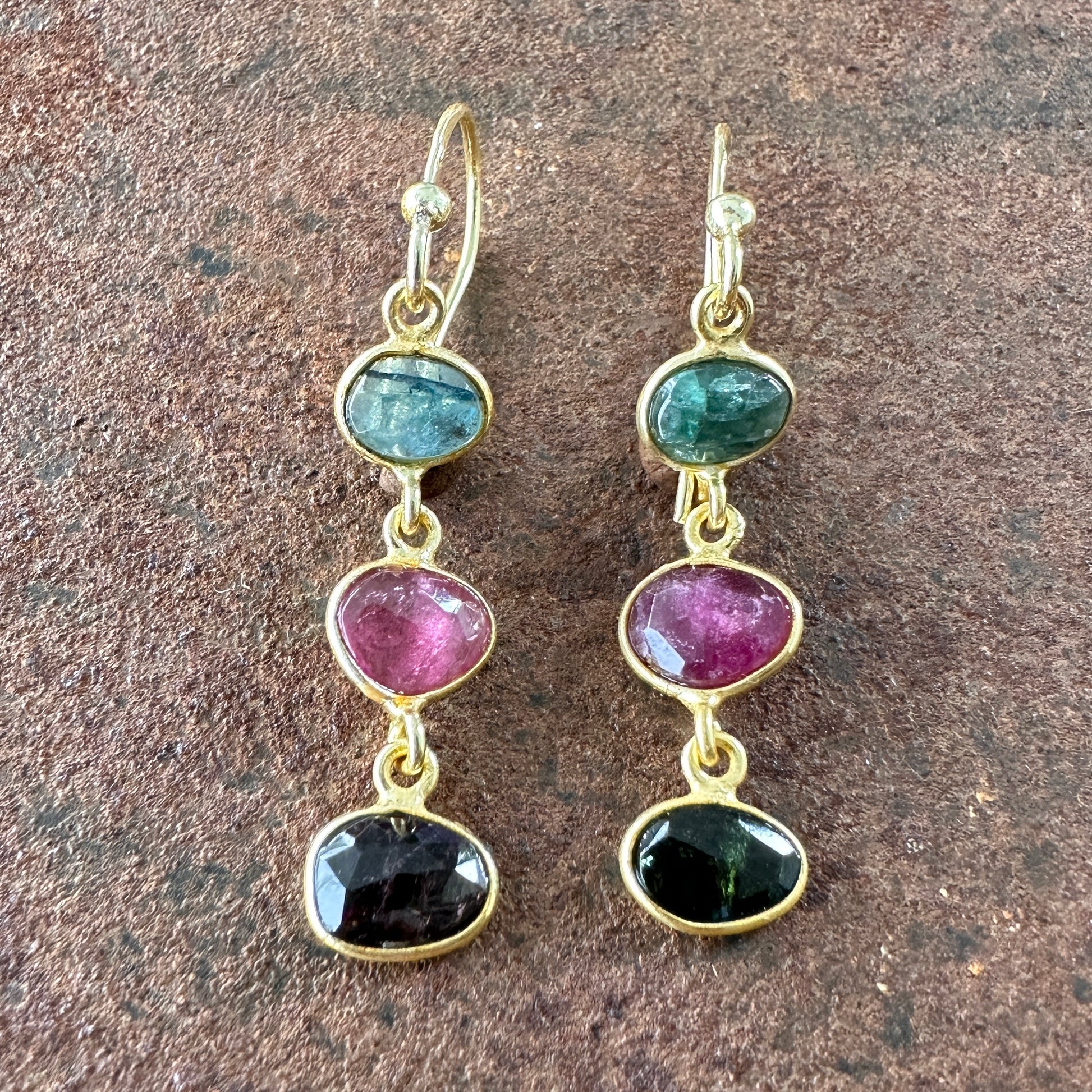 Persian Paradise tourmaline drop earrings colourway 3 front view, Silk Road Collection, Primitive Earth Australian jewellery
