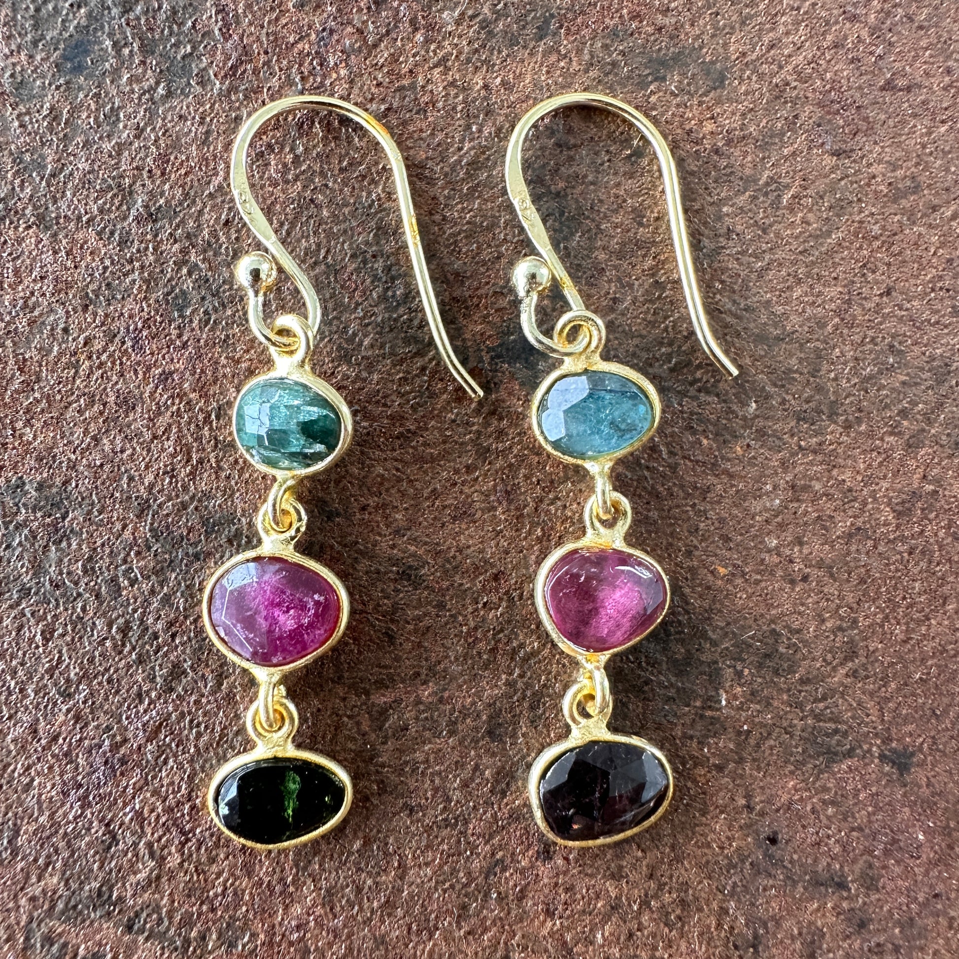 Persian Paradise tourmaline drop earrings colourway 4 side view, Silk Road Collection, Primitive Earth Australian jewellery