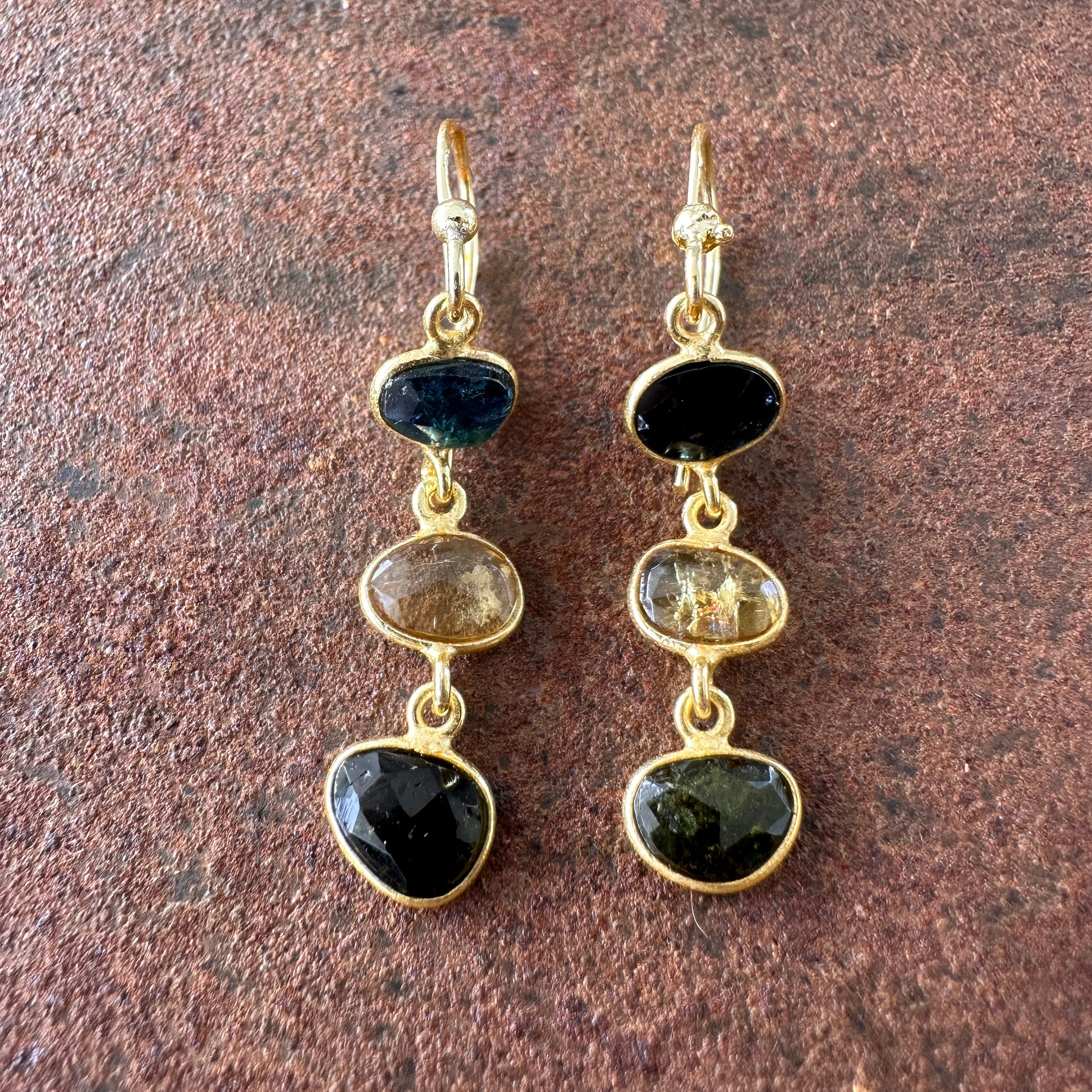 Persian Paradise tourmaline drop earrings colourway 4 front view, Silk Road Collection, Primitive Earth Australian jewellery