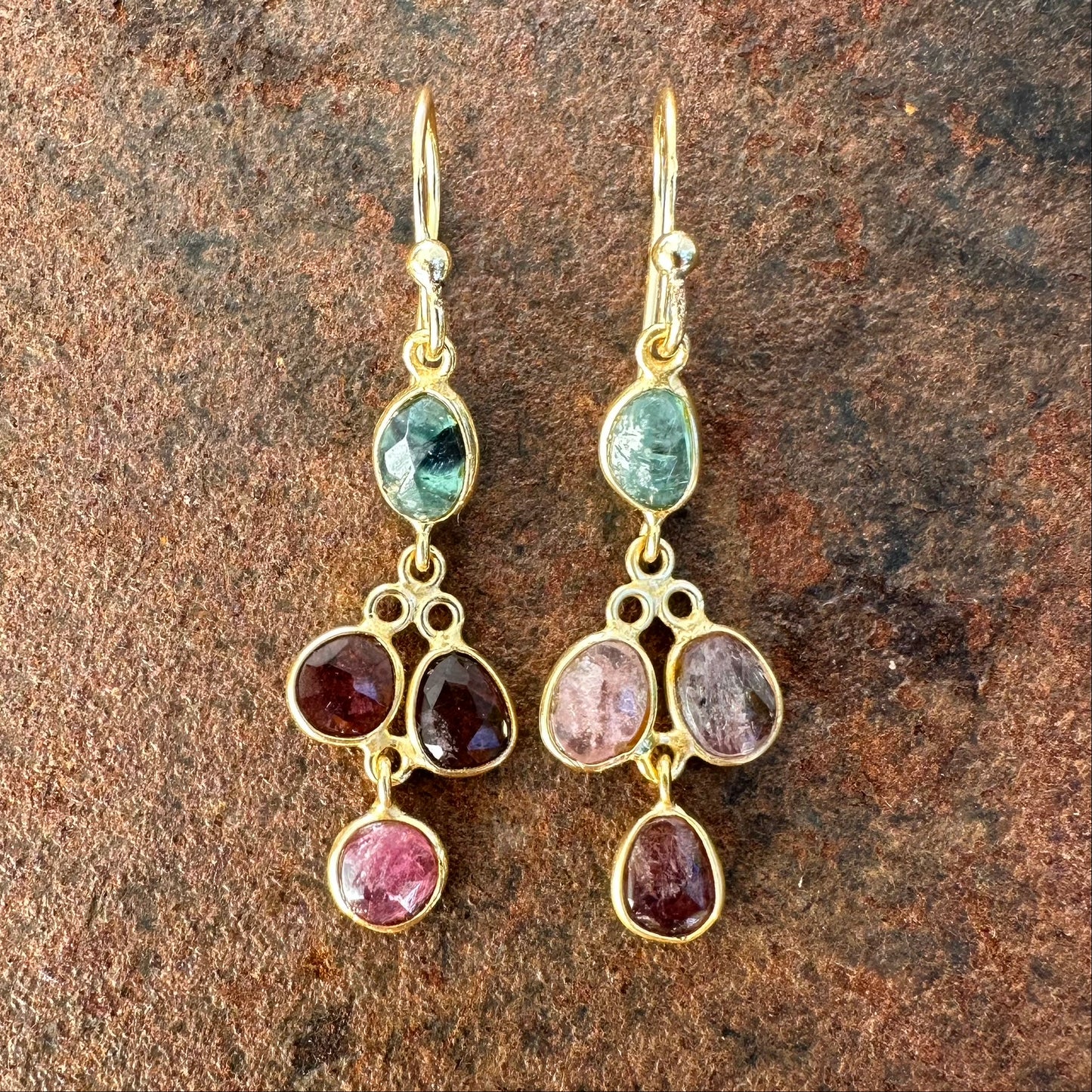 Persian Rose tourmaline drop earrings colourway one, Silk Road Collection, Primitive Earth Australian jewellery