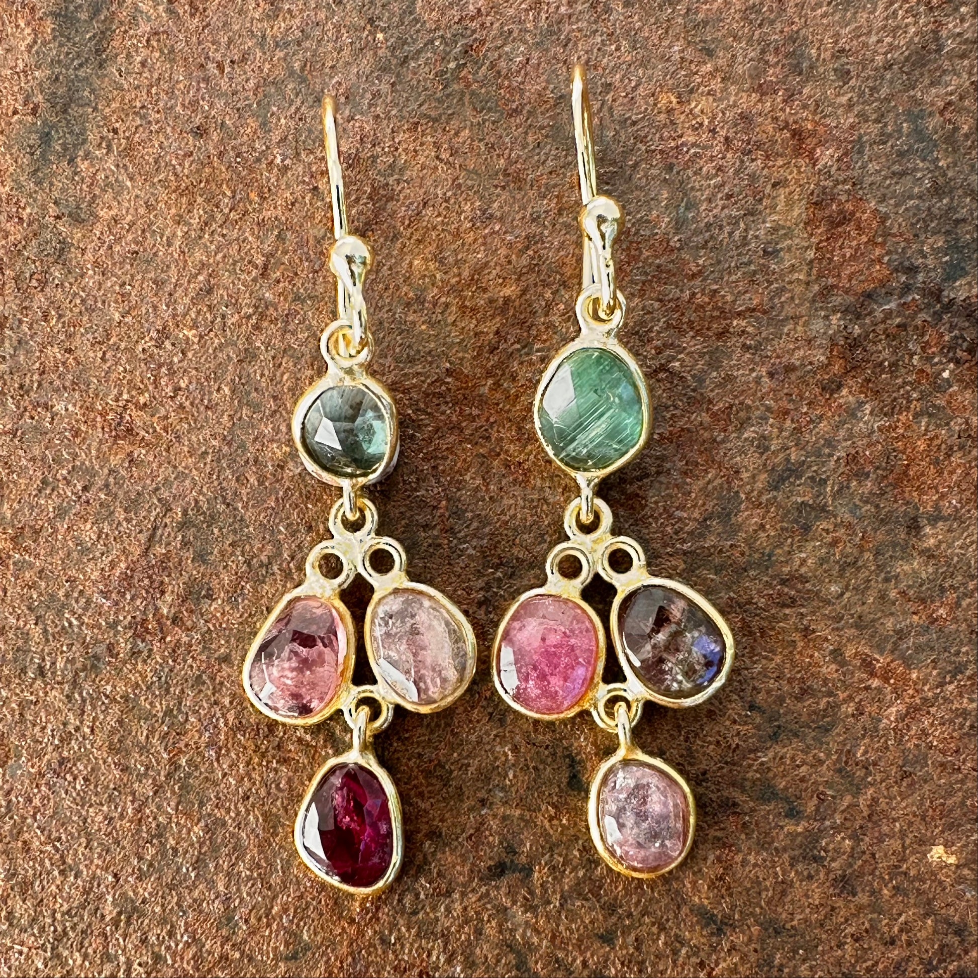 Persian Rose tourmaline drop earrings colourway two, Silk Road Collection, Primitive Earth Australian jewellery