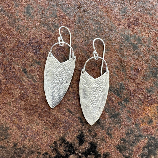 River Song sterling silver tribal leaf earrings, Ancient Country Collection, Primitive Earth Australian jewellery, matte finish