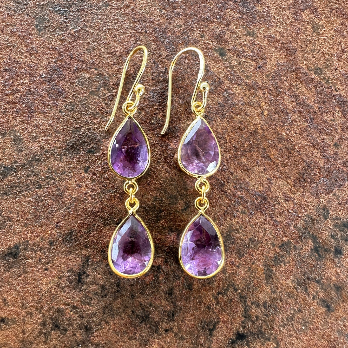 Roxana amethyst double teardrop drop earrings side view, Silk Road Collection, Primitive Earth Australian jewellery