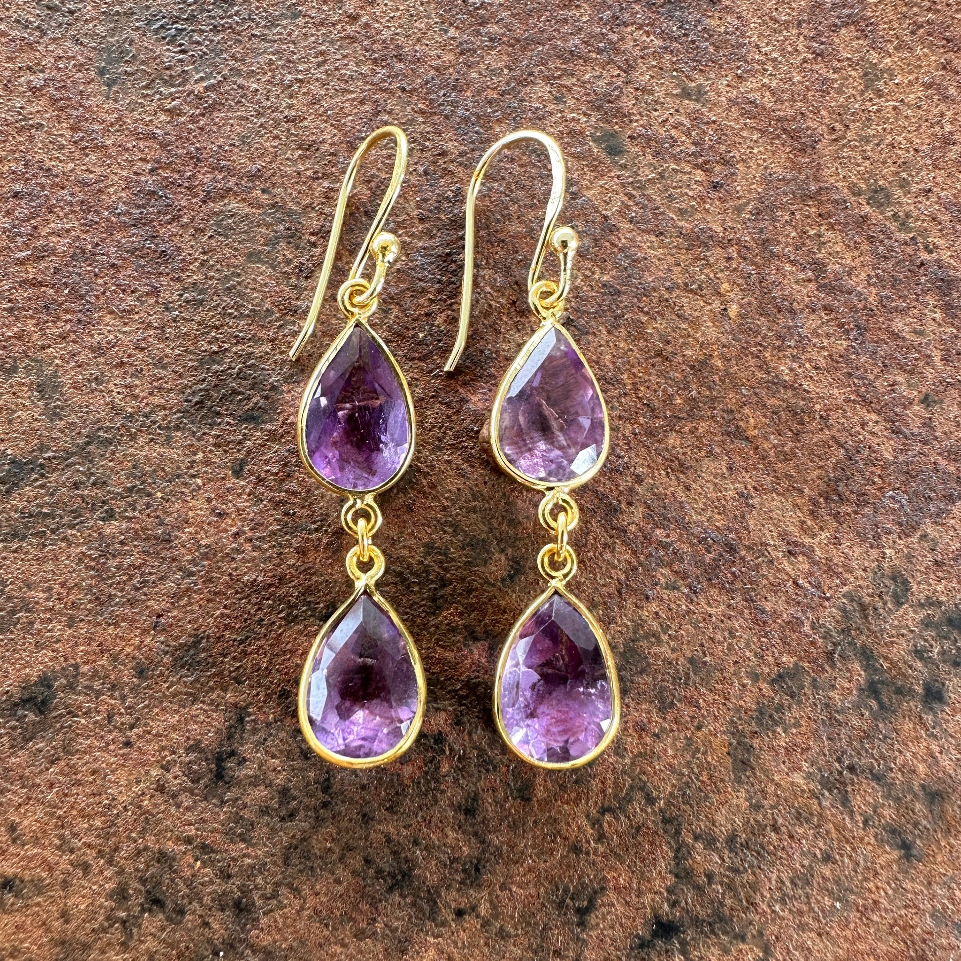 Roxana amethyst double teardrop drop earrings side view, Silk Road Collection, Primitive Earth Australian jewellery
