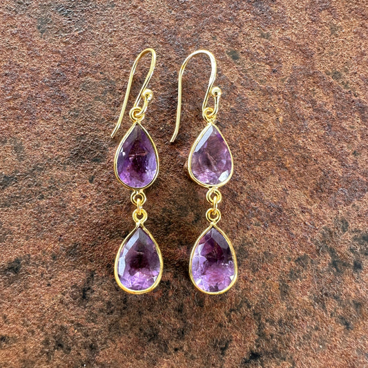 Roxana amethyst double teardrop drop earrings side view, Silk Road Collection, Primitive Earth Australian jewellery