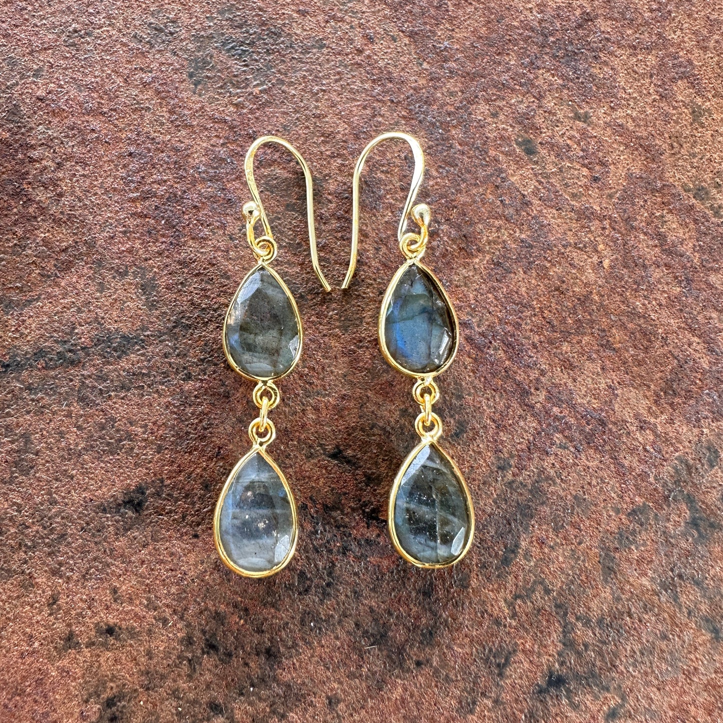 Roxana labradorite double teardrop drop earrings side view, Silk Road Collection, Primitive Earth Australian jewellery