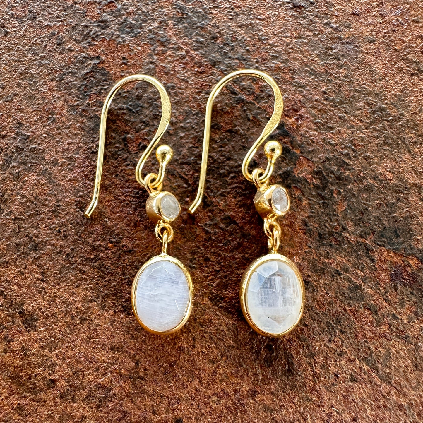 Scheherazade double moonstone drop earrings side view, Silk Road Collection, Primitive Earth Australian jewellery