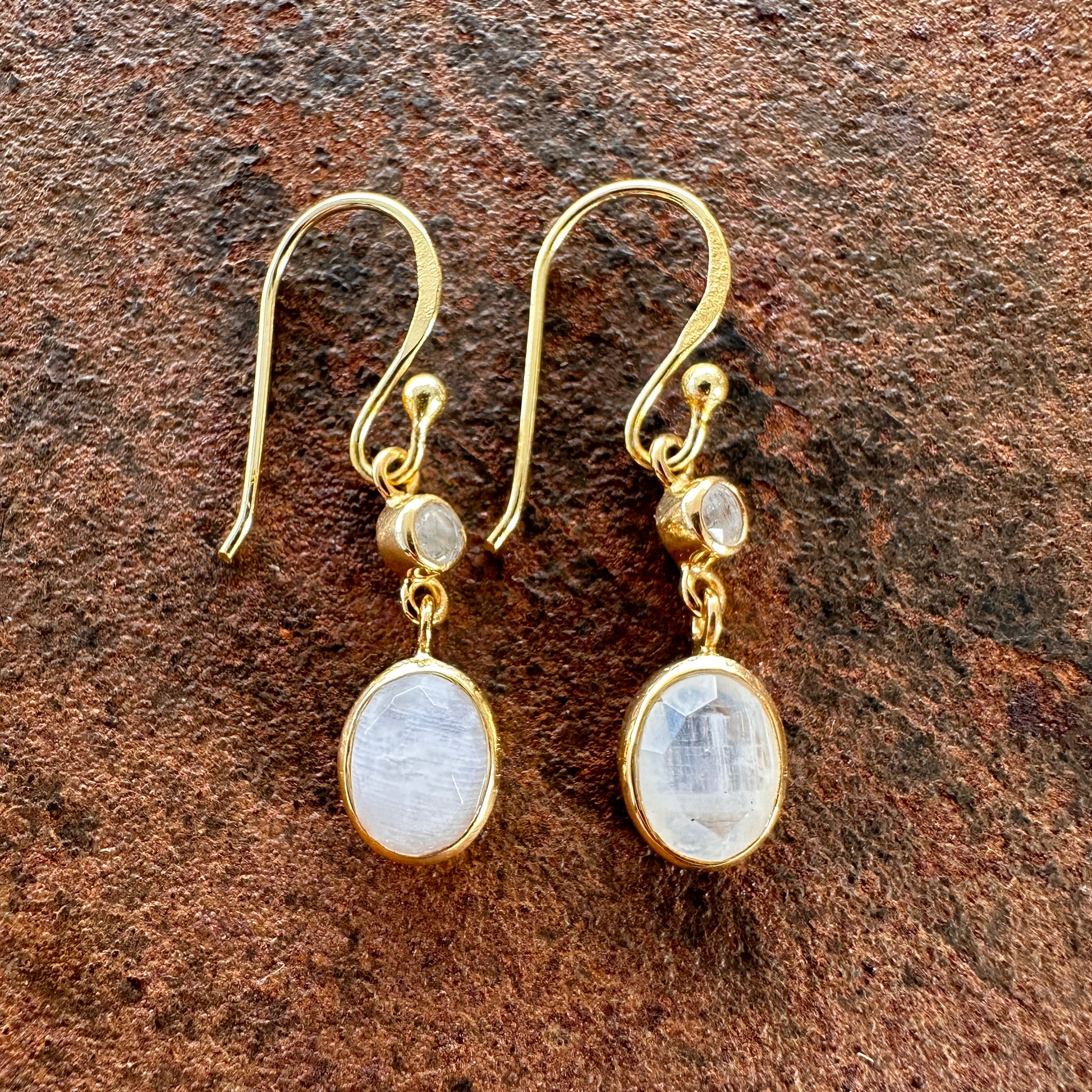 Scheherazade double moonstone drop earrings side view, Silk Road Collection, Primitive Earth Australian jewellery