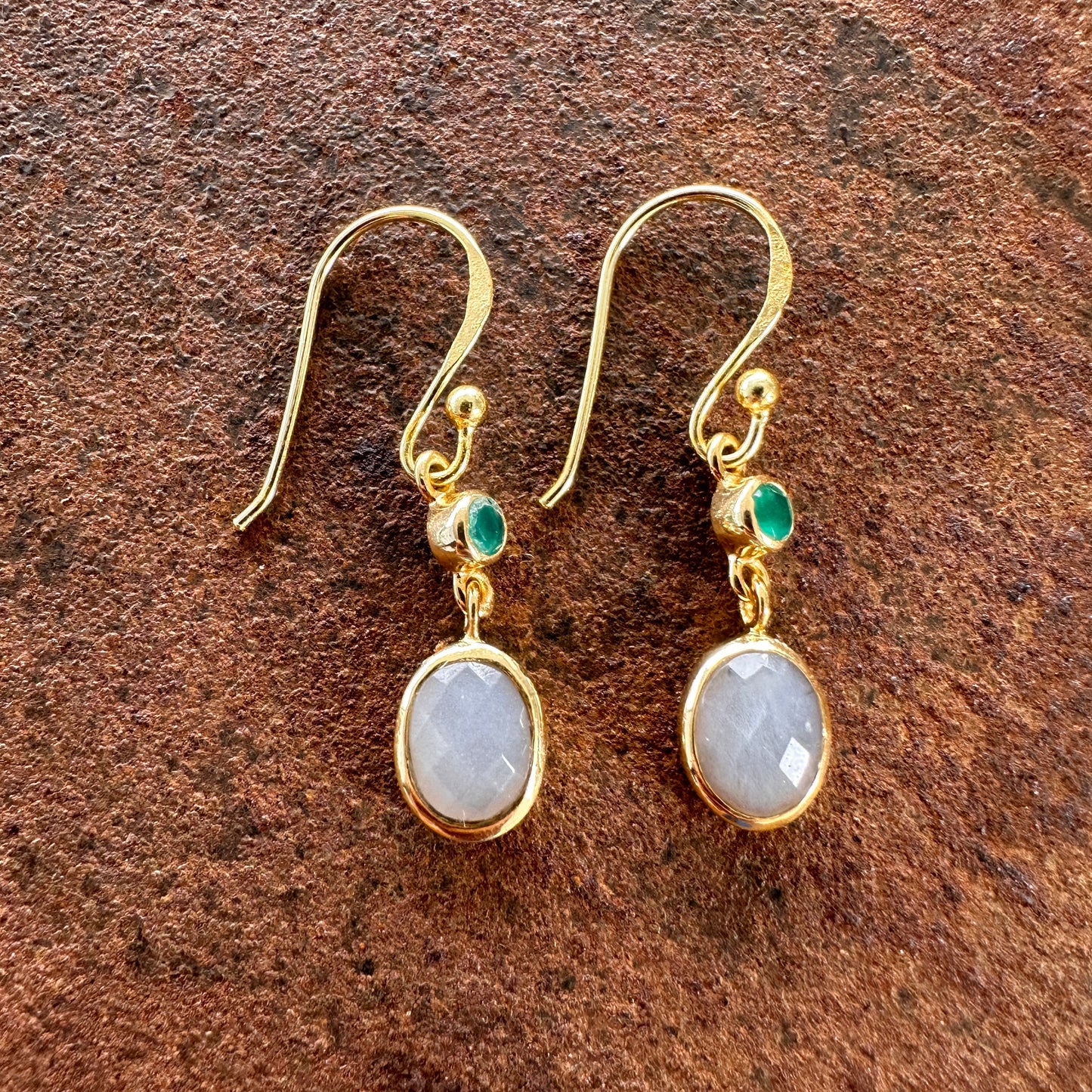 Scheherazade green onyx and labradorite drop earrings side view, Silk Road Collection, Primitive Earth Australian jewellery