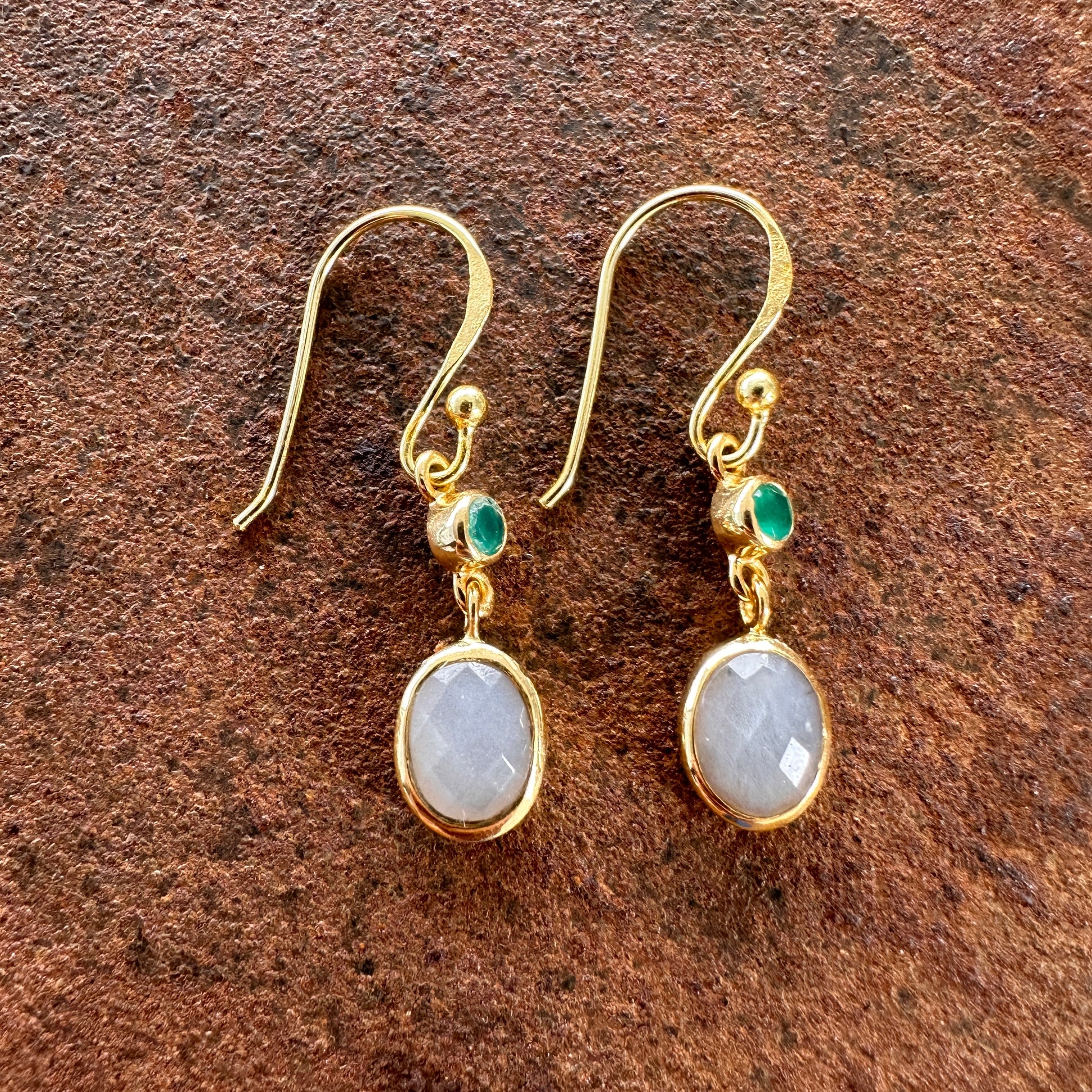 Scheherazade green onyx and labradorite drop earrings side view, Silk Road Collection, Primitive Earth Australian jewellery