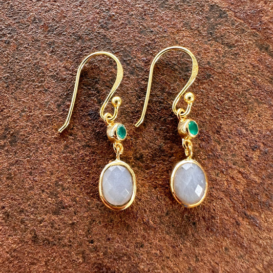 Scheherazade green onyx and labradorite drop earrings side view, Silk Road Collection, Primitive Earth Australian jewellery