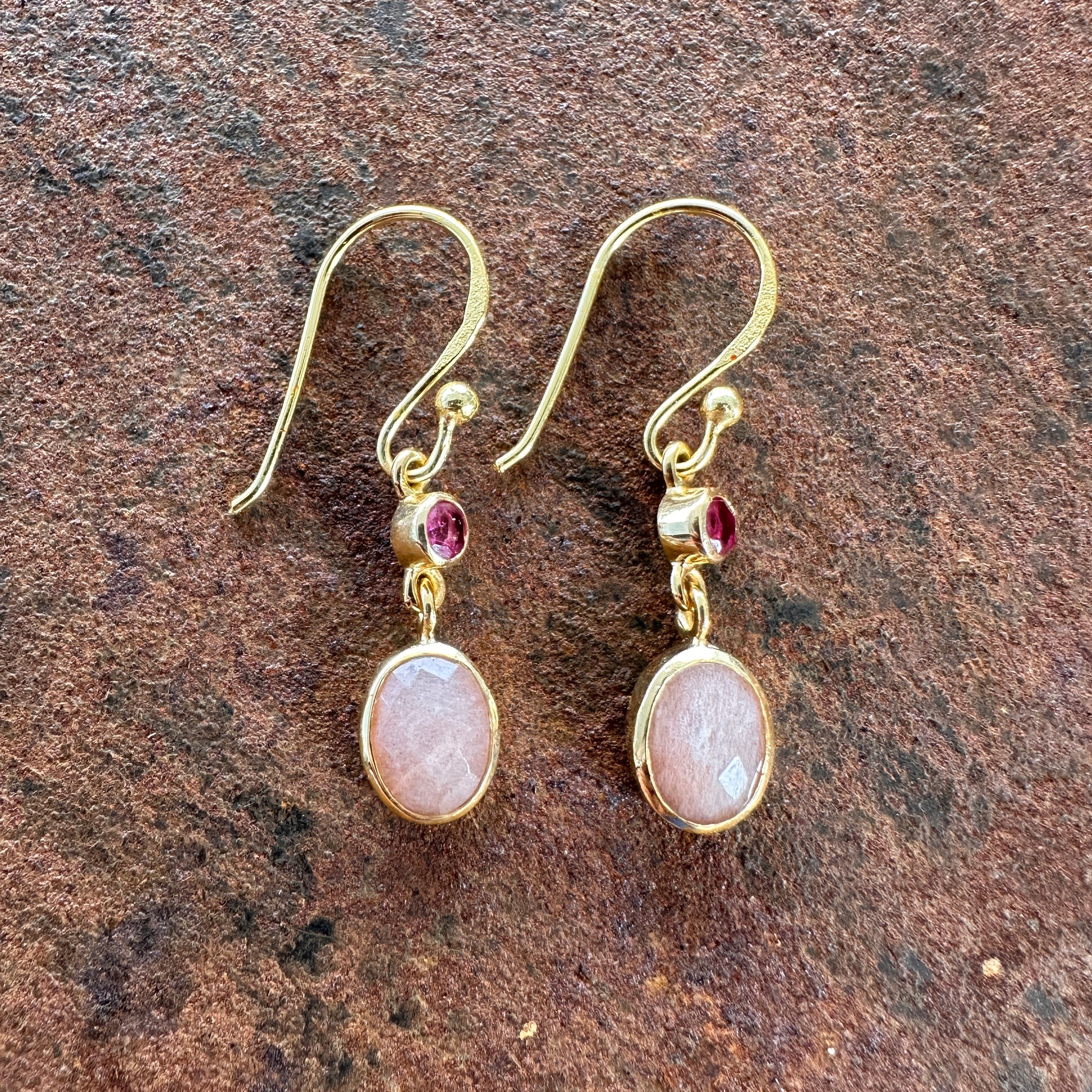 Scheherazade tourmaline and rose quartz drop earrings side view, Silk Road Collection, Primitive Earth Australian jewellery