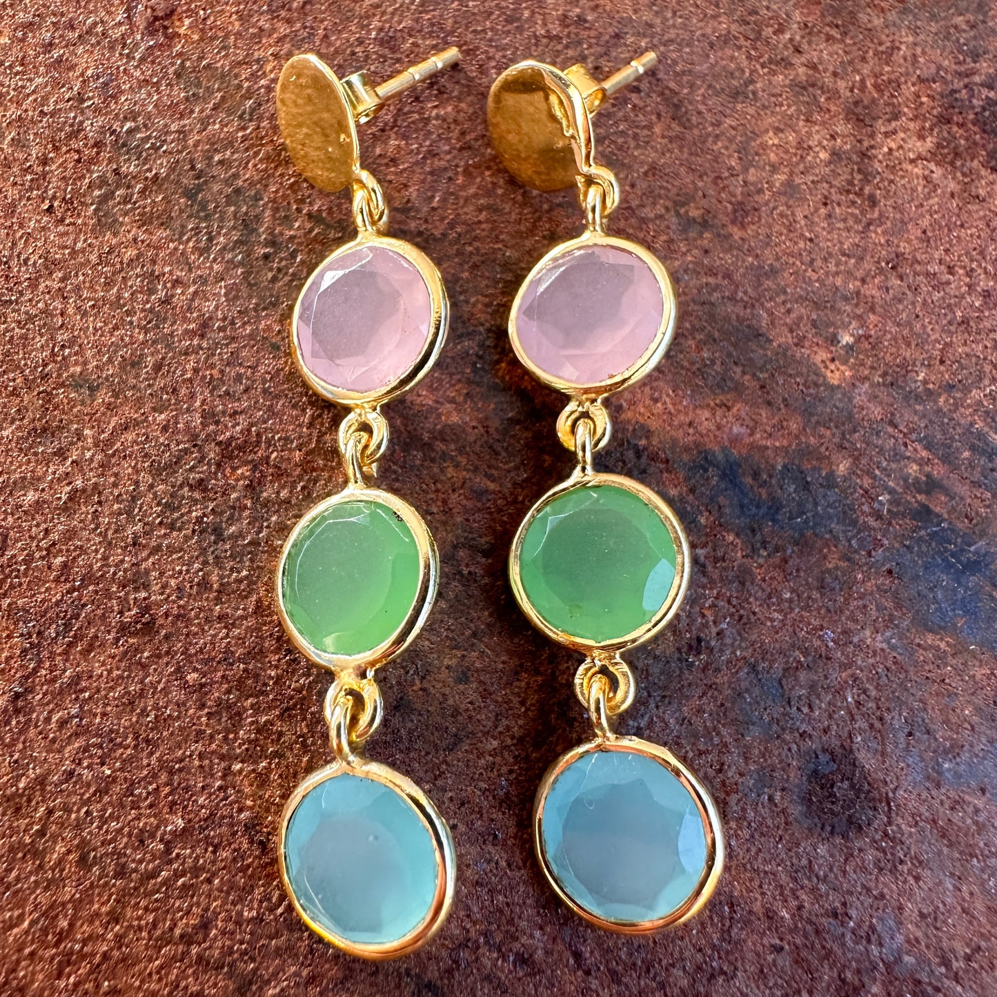 Silk Caravan rose quartz, aventurine and blue chalcedony drop earrings, Silk Road Collection, Primitive Earth Australian jewellery