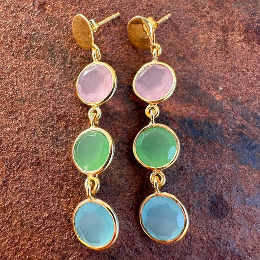 Silk Caravan rose quartz, aventurine and blue chalcedony drop earrings, Silk Road Collection, Primitive Earth Australian jewellery