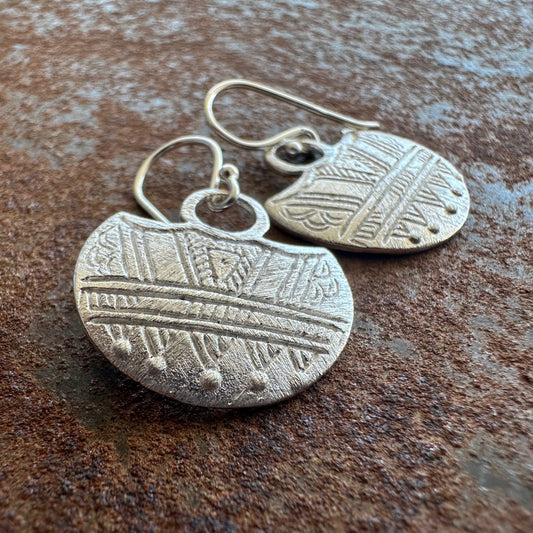 Soul Map sterling silver tribal disc earrings, Ancient Country Collection, Primitive Earth Australian jewellery, matte finish