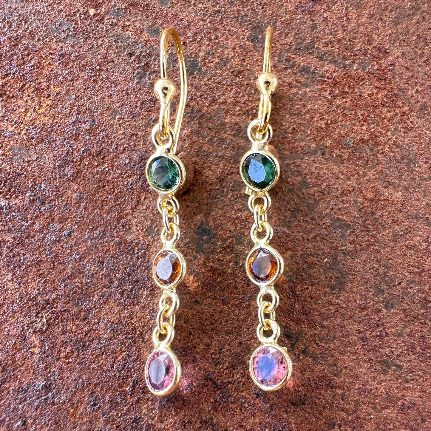 Spice Bazaar tourmaline drop earrings colourway 1  front view, Silk Road Collection, Primitive Earth Australian jewellery 