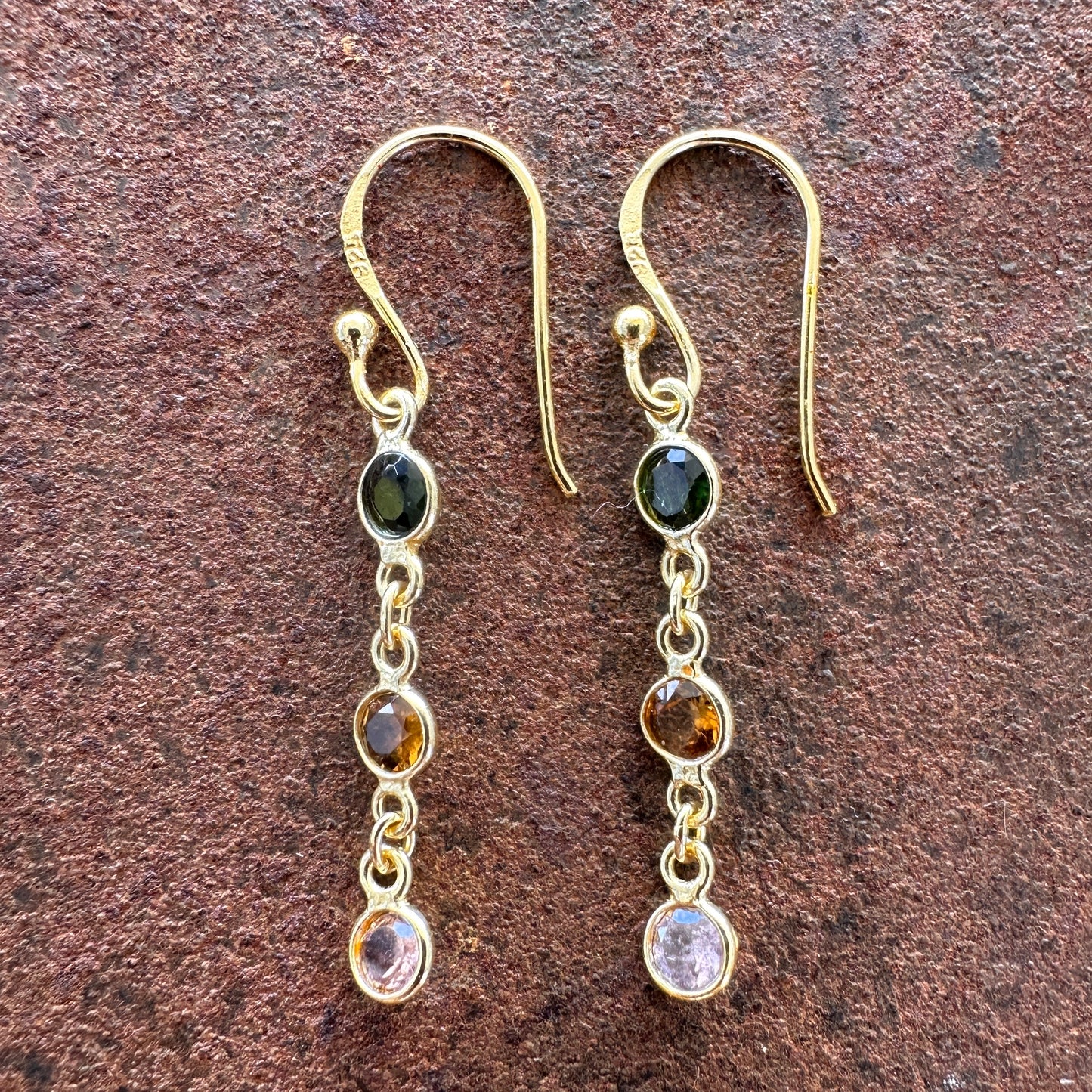 Spice Bazaar tourmaline drop earrings colourway 2 side view, Silk Road Collection, Primitive Earth Australian jewellery