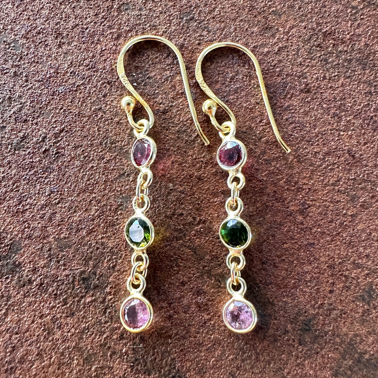 Spice Bazaar tourmaline drop earrings colourway 4 side view, Silk Road Collection, Primitive Earth Australian jewellery
