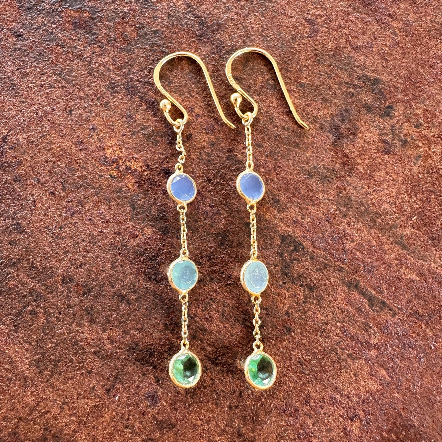 Spice Caravan blue and green chalcedony chain drop earrings front/side view, Silk Road Collection, Primitive Earth Australian jewellery
