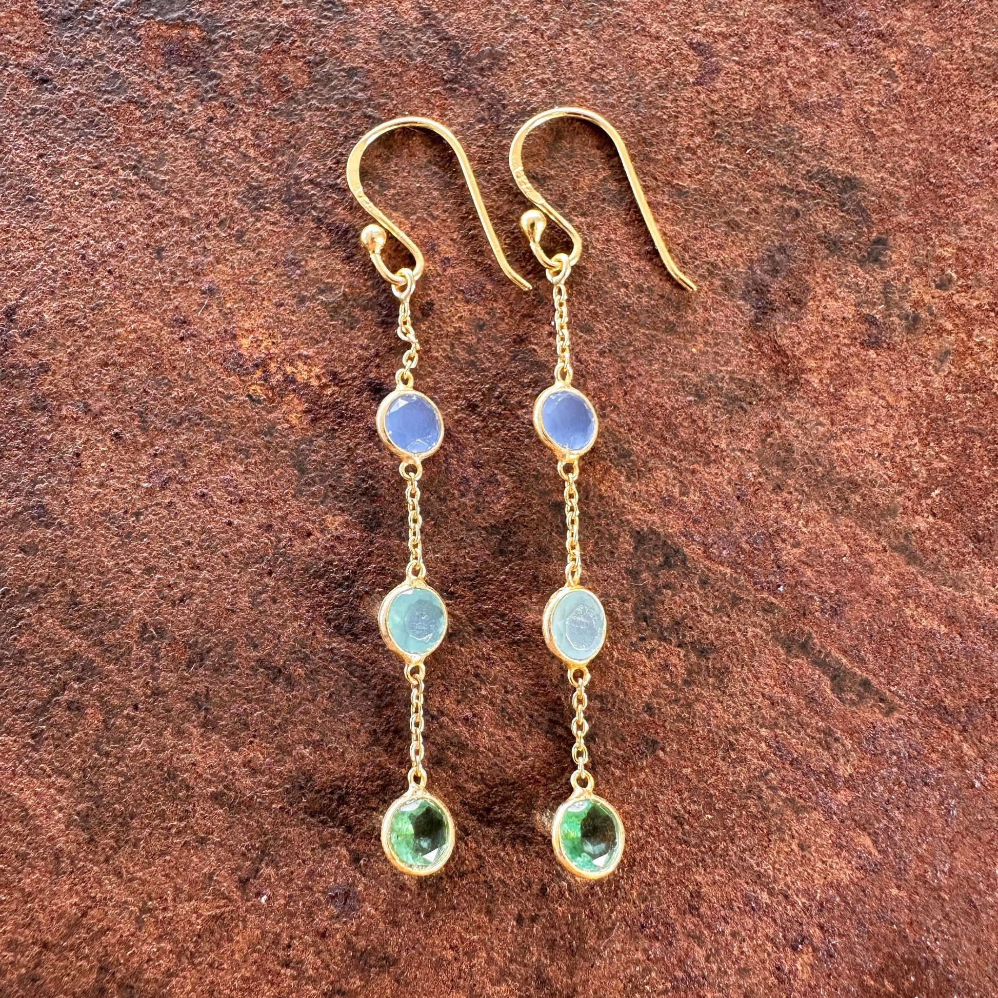 Spice Caravan blue and green chalcedony chain drop earrings front/side view, Silk Road Collection, Primitive Earth Australian jewellery