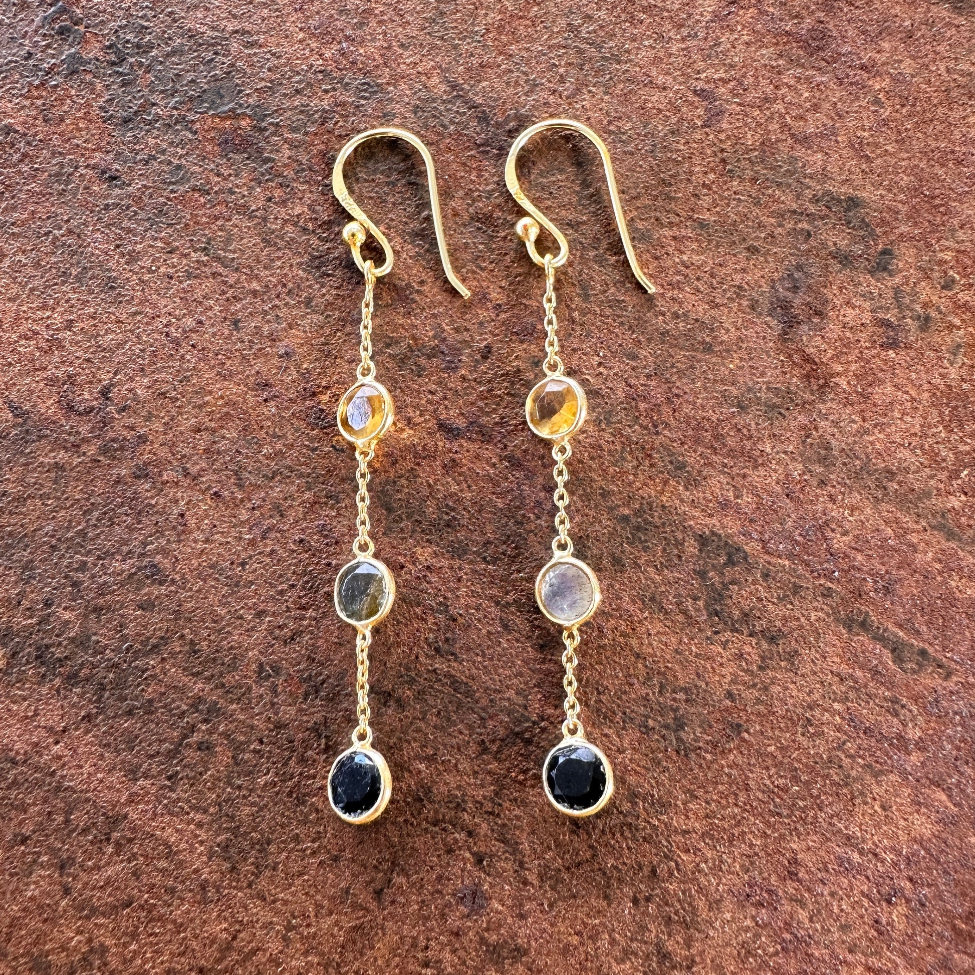 Spice Caravan citrine and rutile quartz chain drop earrings front/side view, Silk Road Collection, Primitive Earth Australian jewellery

