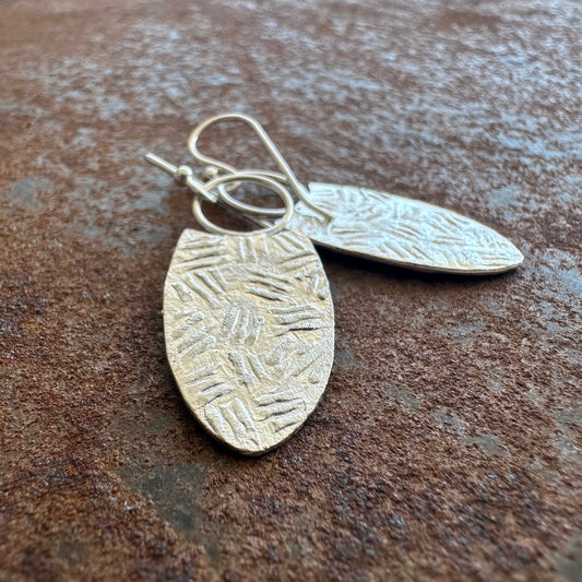 Spinifex sterling silver tribal oval earrings, Ancient Country Collection, Primitive Earth Australian jewellery, matte finish