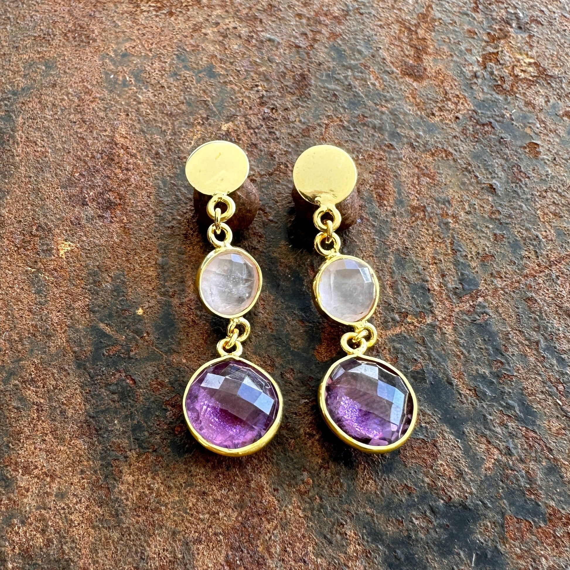 Topkapi rose quartz and amethyst drop earrings, Silk Road Collection, Primitive Earth Australian jewellery