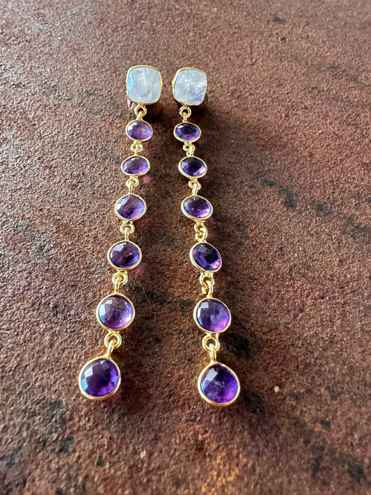 Zenobia moonstone and amethyst cascade drop earrings, Silk Road Collection, Primitive Earth Australian jewellery