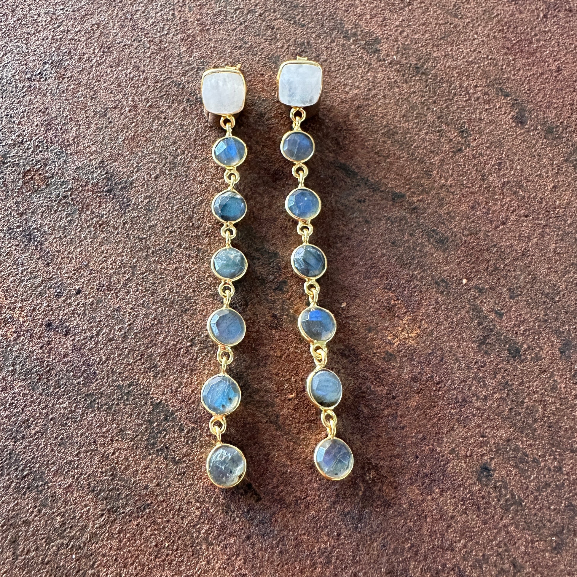 Zenobia moonstone and labradorite cascade drop earrings, Silk Road Collection, Primitive Earth Australian jewellery